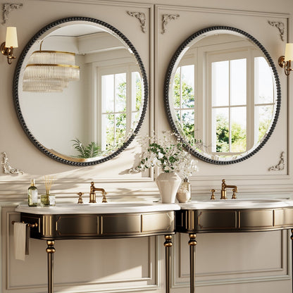 Vintage Round Bathroom Mirror with Beaded Frame