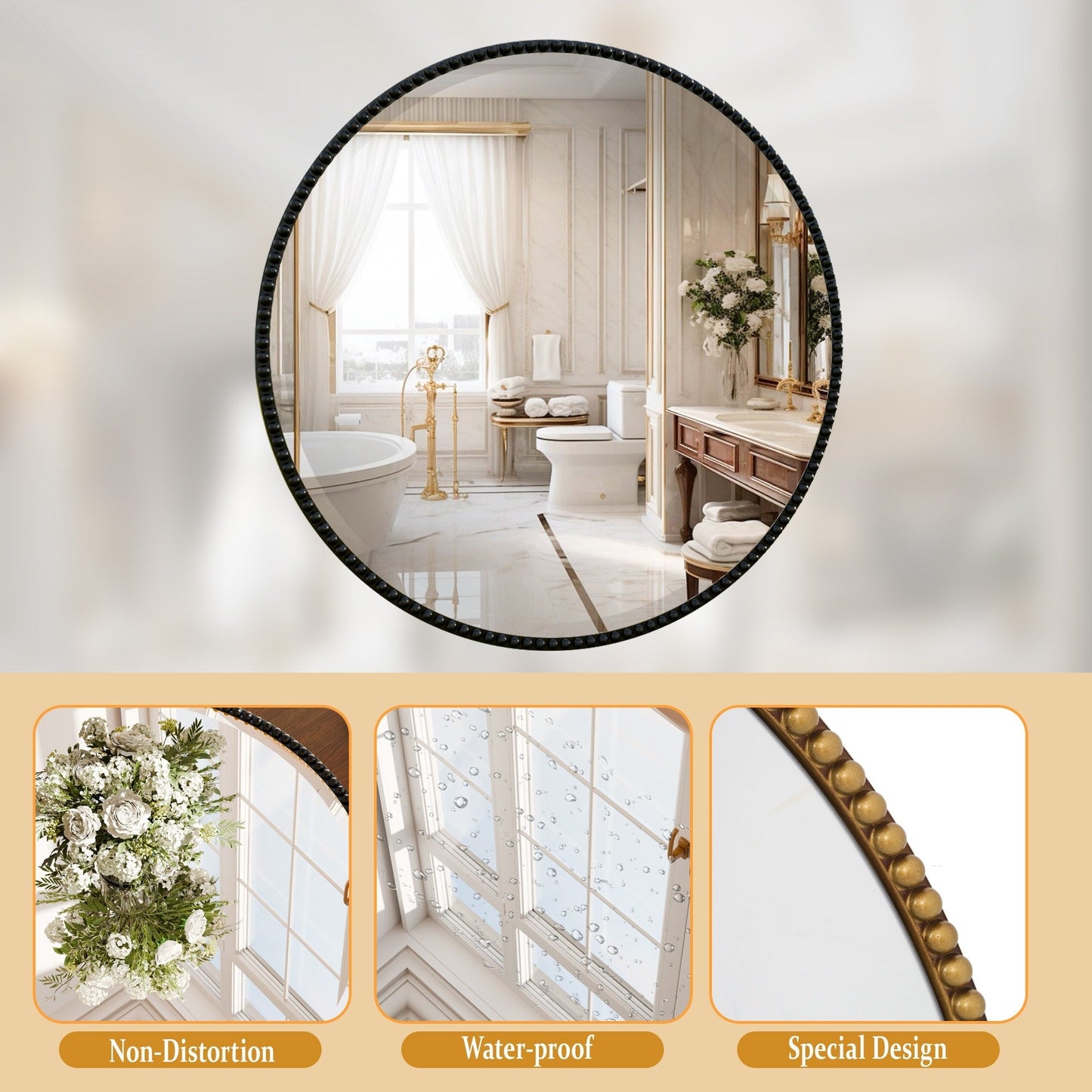 Vintage Round Bathroom Mirror with Beaded Frame