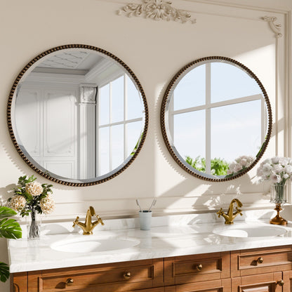 Vintage Round Bathroom Mirror with Beaded Frame