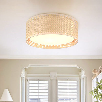 WINGBO Modern 3-Light Flush Mount Ceiling Light Fixture with Rattan & Fabric Double Drum Shade