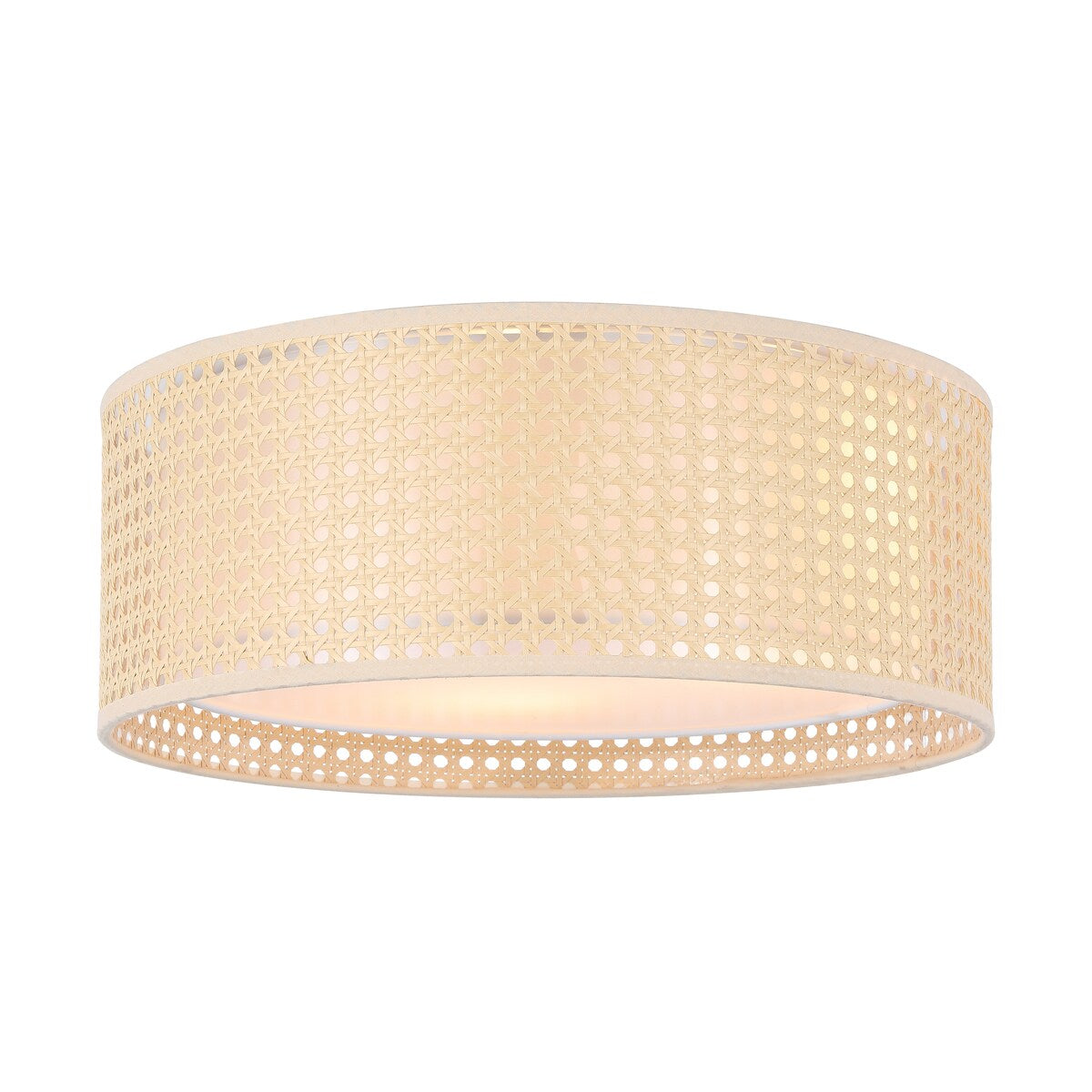 WINGBO Modern 3-Light Flush Mount Ceiling Light Fixture with Rattan & Fabric Double Drum Shade