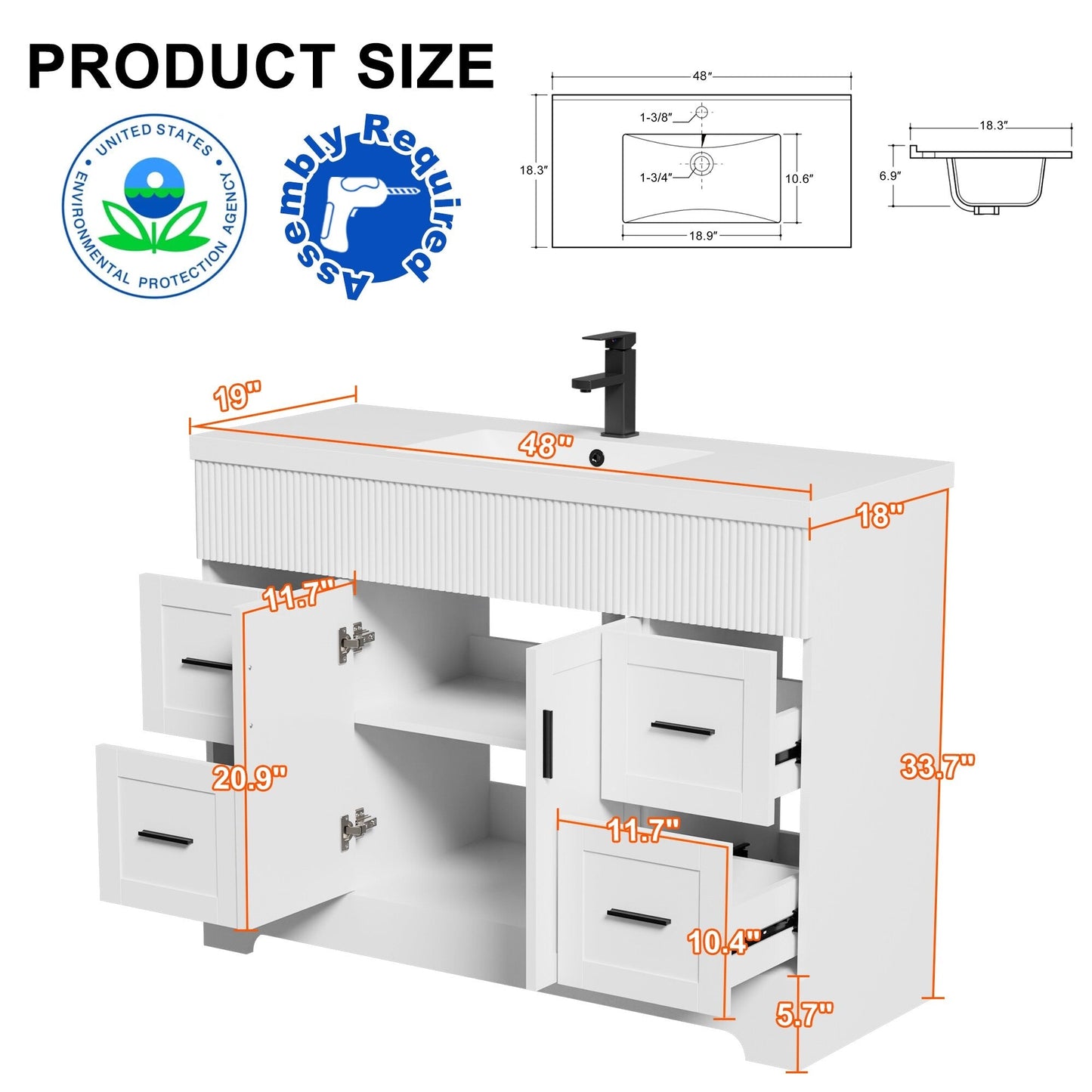 Ensemble de meuble-lavabo Wavy Line 30/36/48 avec lavabo et robinet