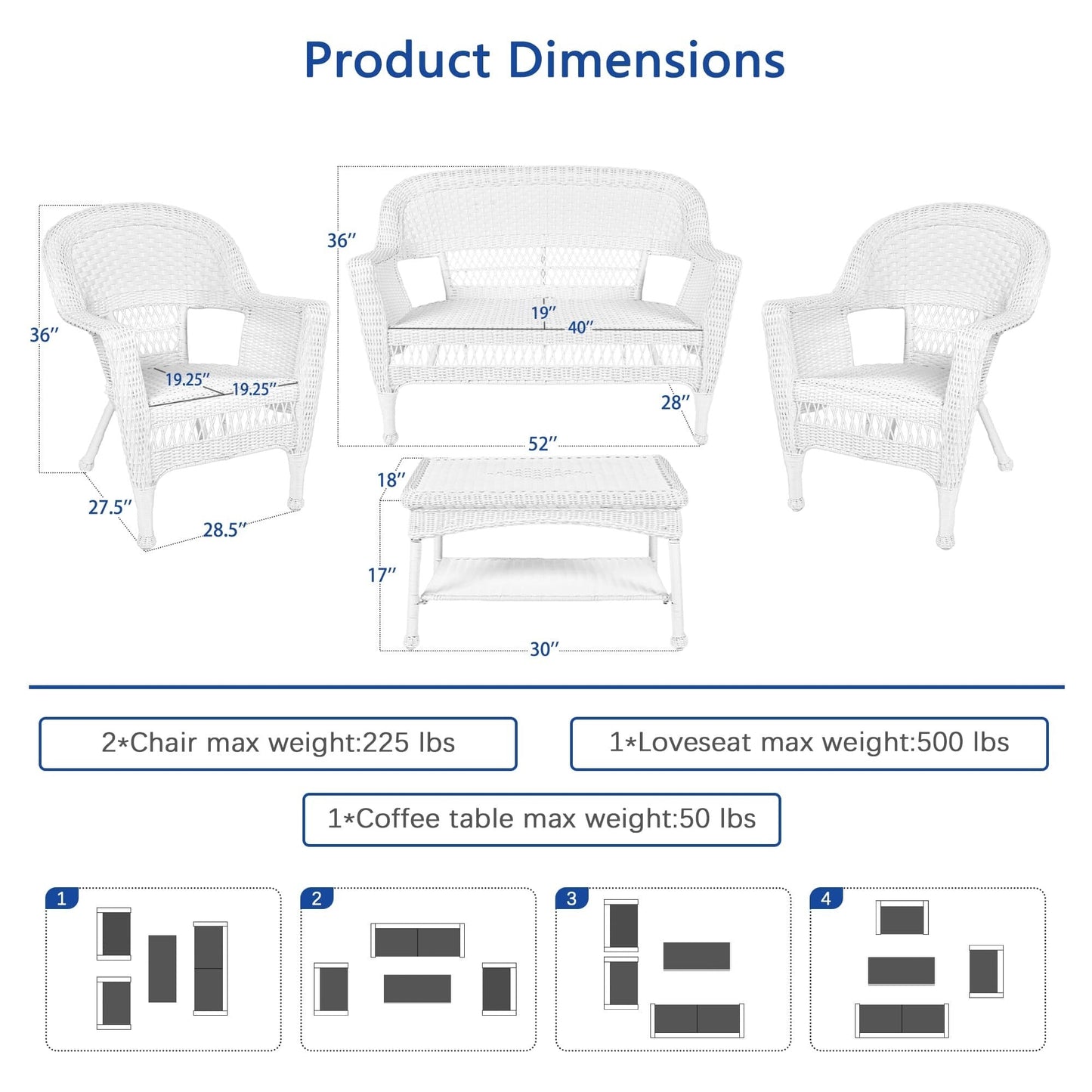 Ensemble de conversation 4 pièces en osier pour patio