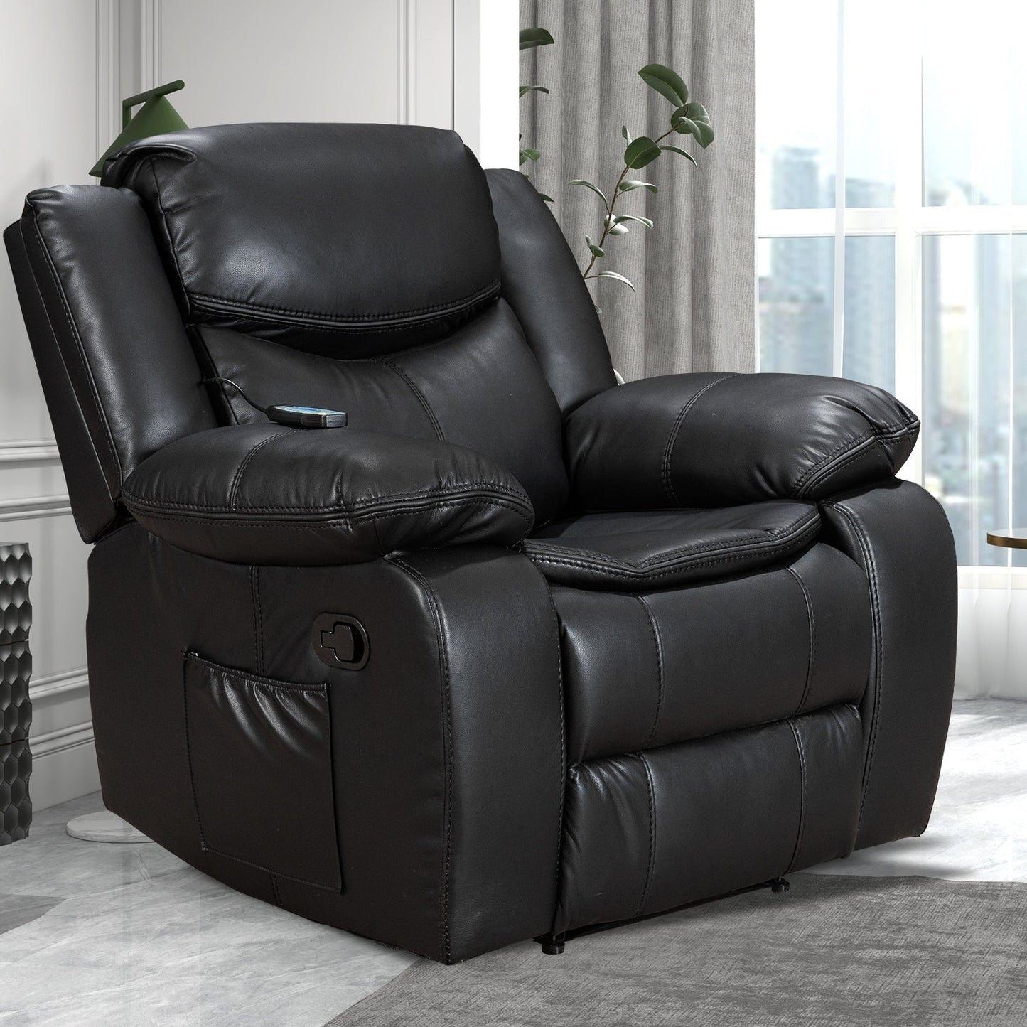 Fauteuil inclinable large en cuir durable avec massage et chauffage.