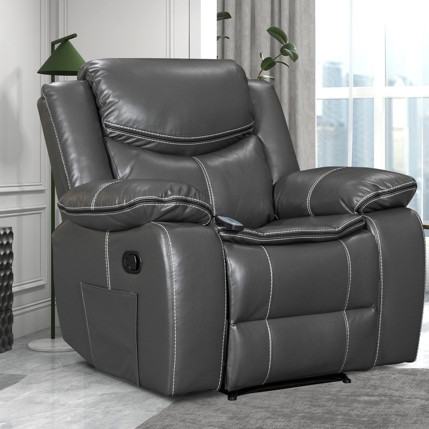 Fauteuil inclinable large en cuir durable avec massage et chauffage.