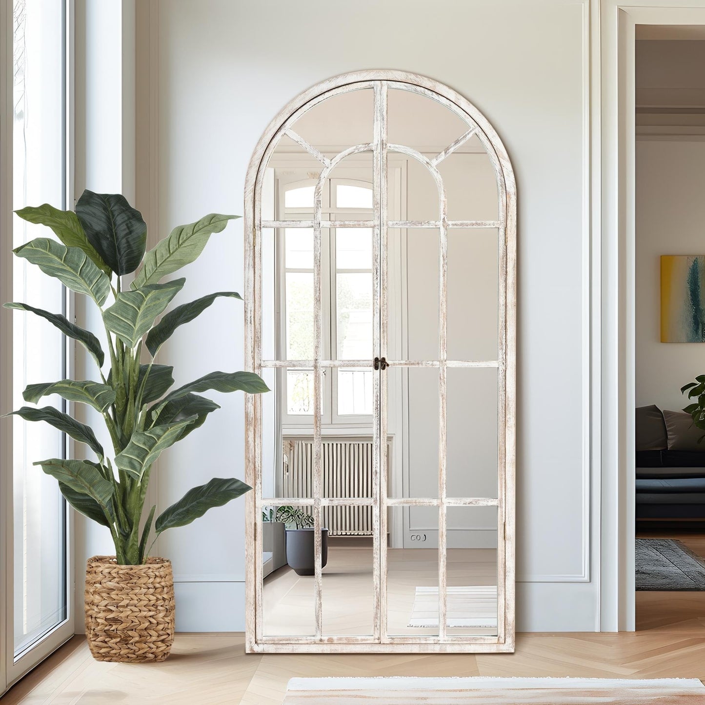 Miroir à fenêtre, miroir en bois incurvé, 180 cm (L) x 79 cm (l)