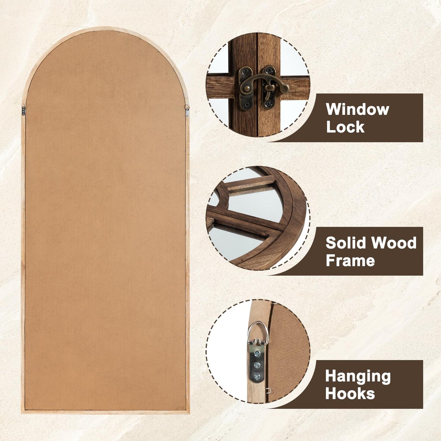 Miroir à fenêtre, miroir en bois incurvé, 180 cm (L) x 79 cm (l)