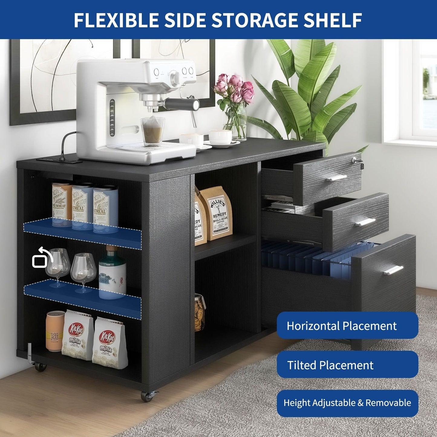 Meuble de rangement en bois avec station de recharge, classeur latéral mobile, verrouillable, compatible avec les dossiers A4, lettres et documents légaux.