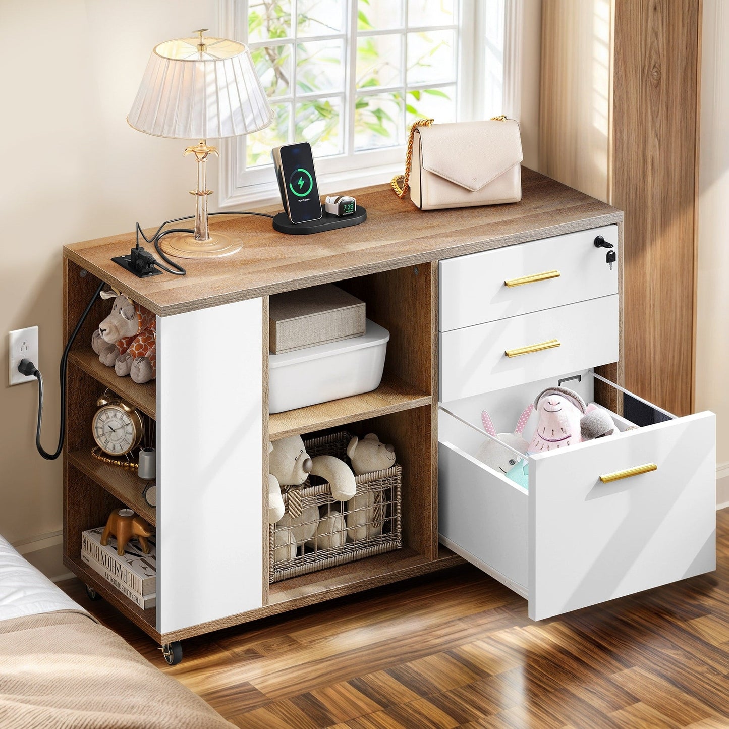 Meuble de rangement en bois avec station de recharge, classeur latéral mobile, verrouillable, compatible avec les dossiers A4, lettres et documents légaux.