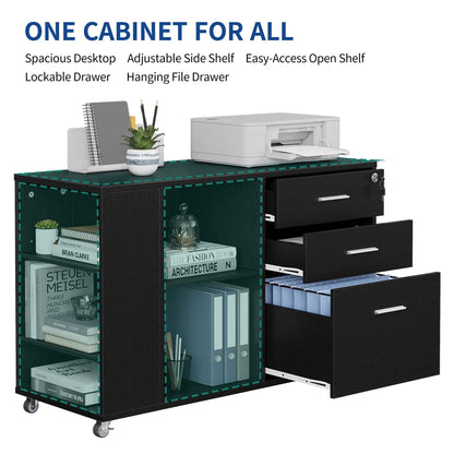Meuble de rangement en bois avec station de recharge, classeur latéral mobile, verrouillable, compatible avec les dossiers A4, lettres et documents légaux.