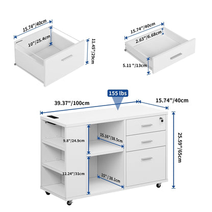Meuble de rangement en bois avec station de recharge, classeur latéral mobile, verrouillable, compatible avec les dossiers A4, lettres et documents légaux.