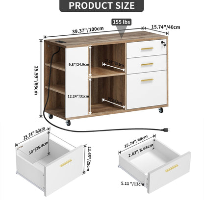 Meuble de rangement en bois avec station de recharge, classeur latéral mobile, verrouillable, compatible avec les dossiers A4, lettres et documents légaux.