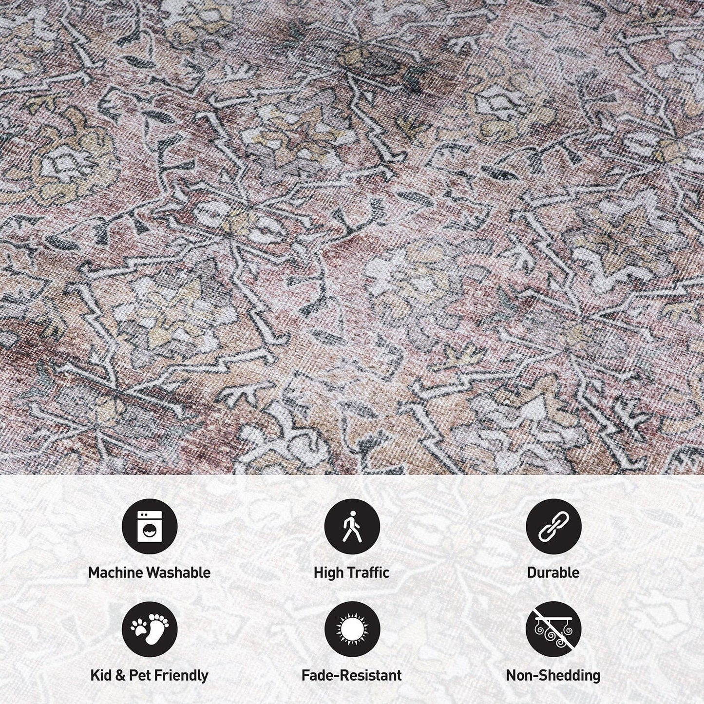 World Rug Gallery Vintage Distressed Machine Washable Non Slip Area Rug