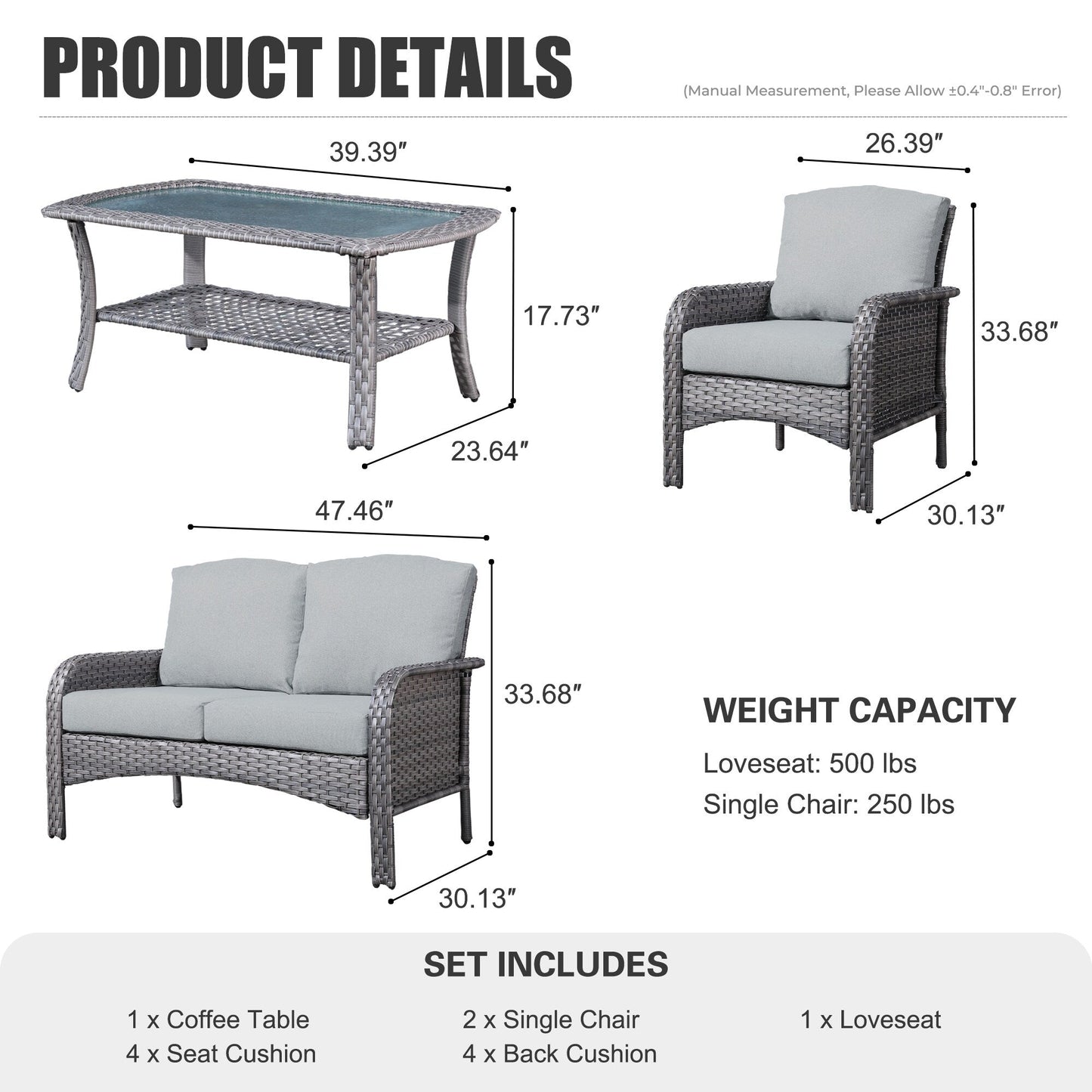 Ensemble de meubles de jardin d'extérieur XIZZI 4 pièces pour conversation avec table