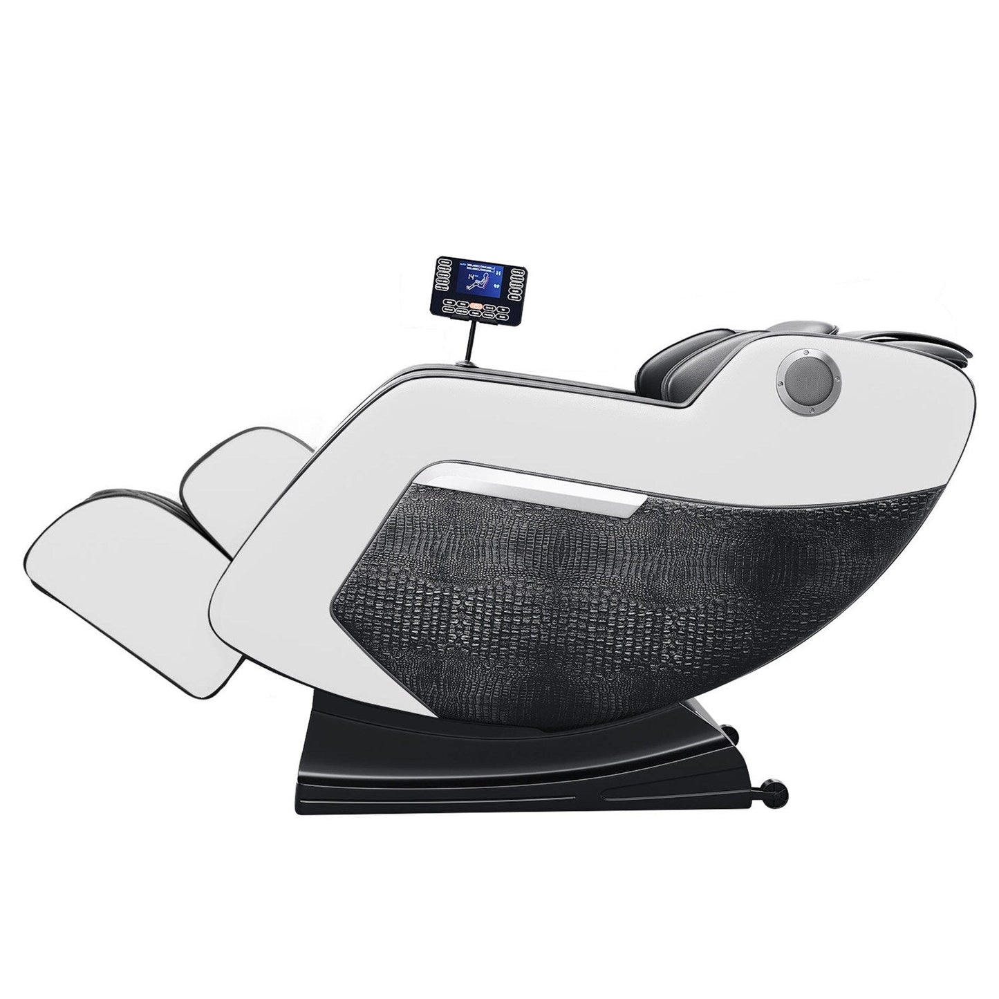 Fauteuil de massage inclinable à gravité zéro avec massage corporel complet, chauffage et audio Bluetooth intégré.