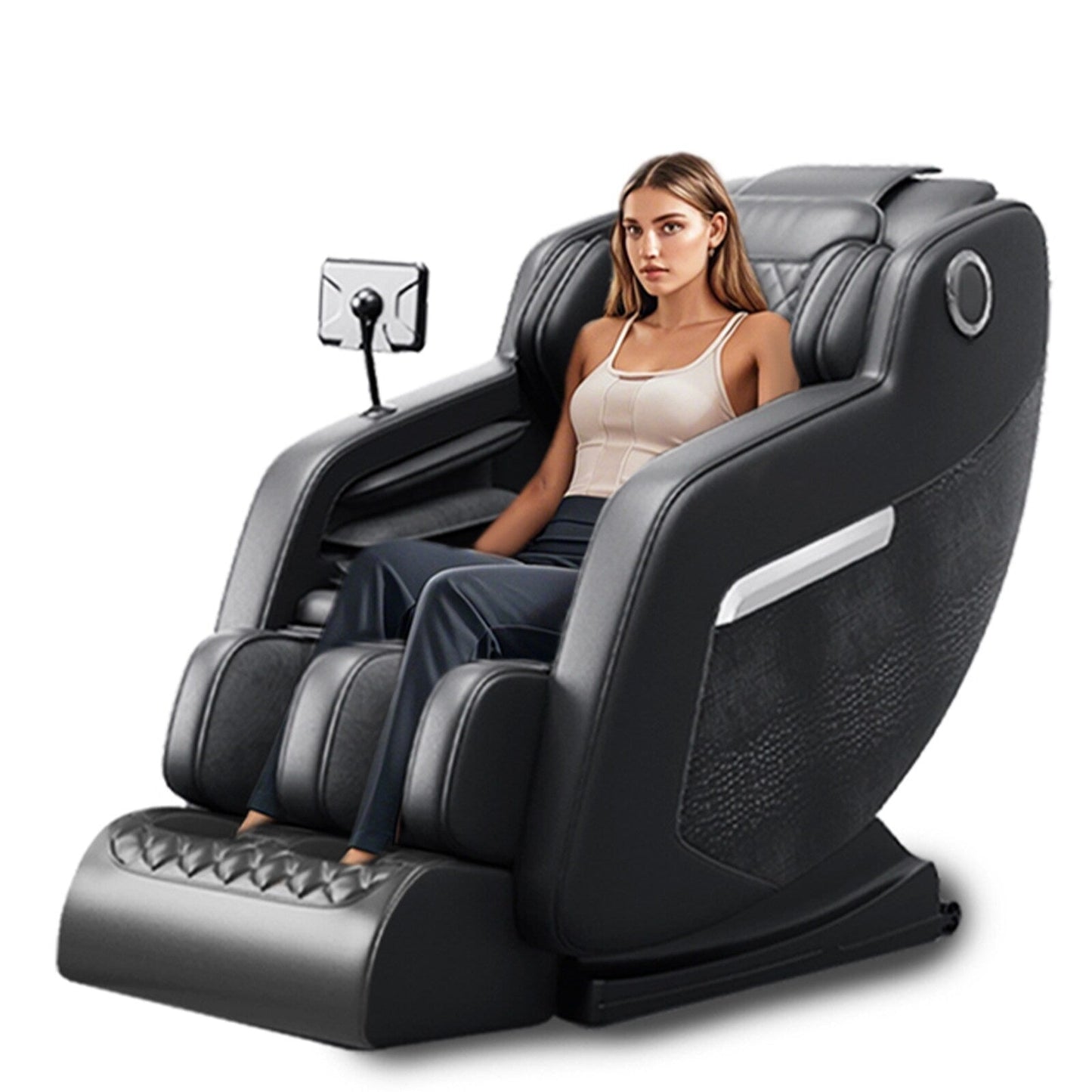 Fauteuil de massage inclinable à gravité zéro avec massage corporel complet, chauffage et audio Bluetooth intégré.