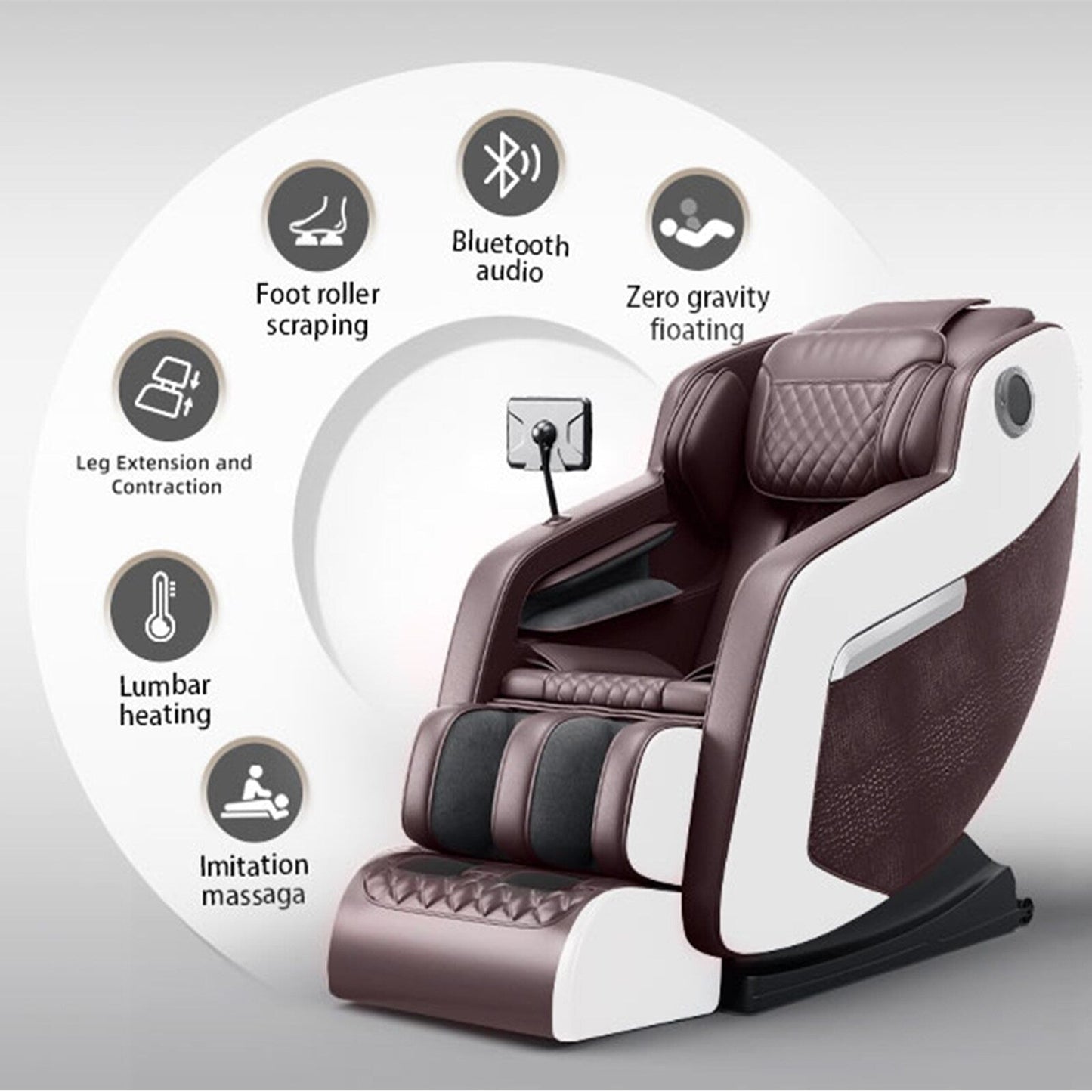 Fauteuil de massage inclinable à gravité zéro avec massage corporel complet, chauffage et audio Bluetooth intégré.