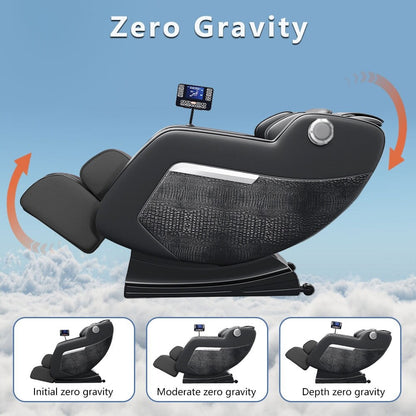 Fauteuil de massage inclinable à gravité zéro avec massage corporel complet, chauffage et audio Bluetooth intégré.