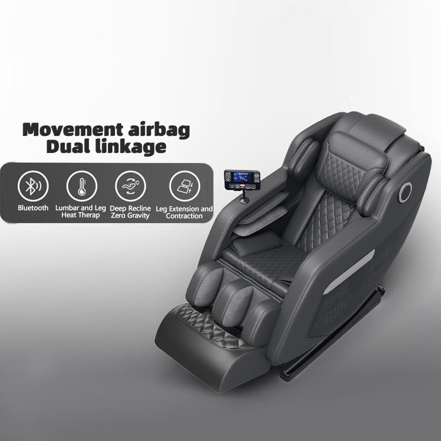 Fauteuil de massage inclinable à gravité zéro avec massage corporel complet, chauffage et audio Bluetooth intégré.