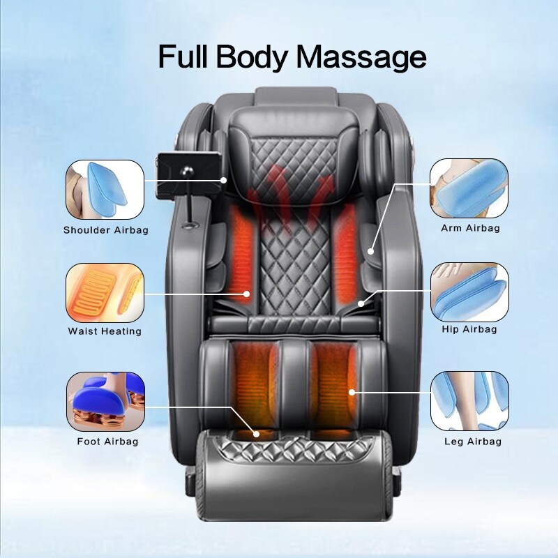 Fauteuil de massage inclinable à gravité zéro avec massage corporel complet, chauffage et audio Bluetooth intégré.
