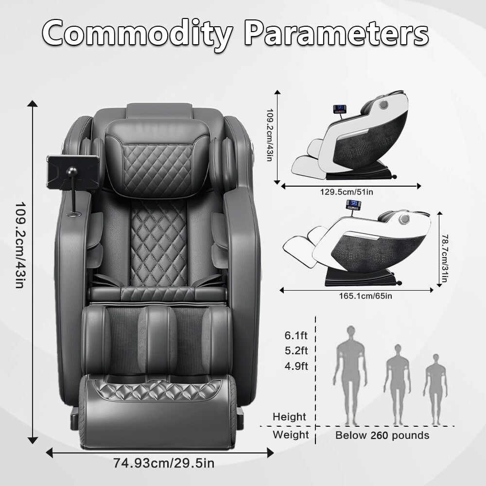 Fauteuil de massage inclinable à gravité zéro avec massage corporel complet, chauffage et audio Bluetooth intégré.