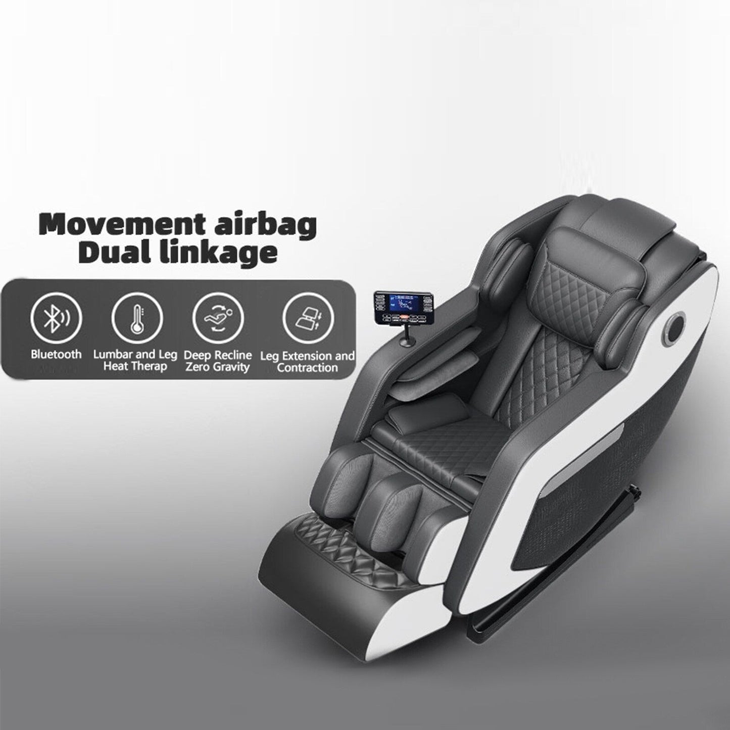 Fauteuil de massage inclinable à gravité zéro avec massage corporel complet, chauffage et audio Bluetooth intégré.