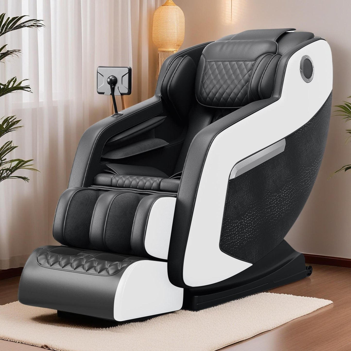 Fauteuil de massage inclinable à gravité zéro avec massage corporel complet, chauffage et audio Bluetooth intégré.