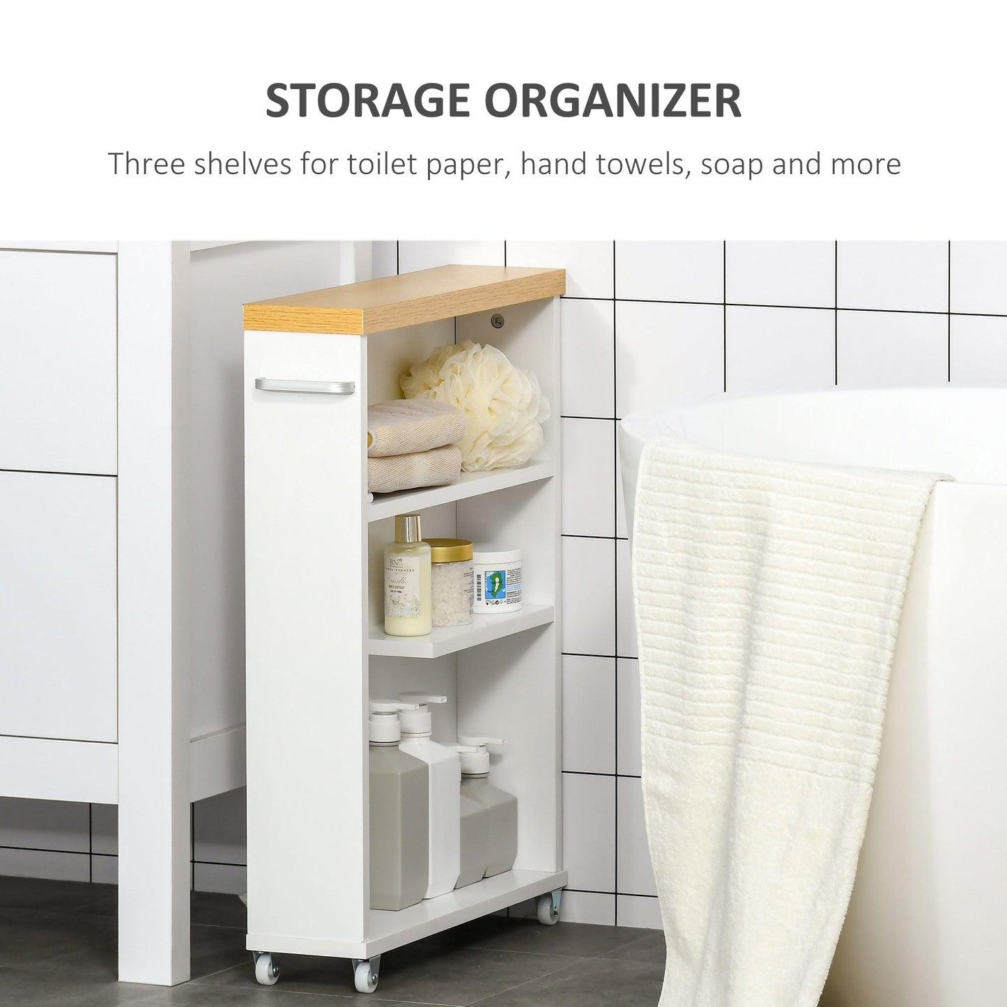 kleankin Slim Bathroom Cabinet with Castor Wheels Storage Organizer and Wood Shelves to Fit in Small Spaces, White